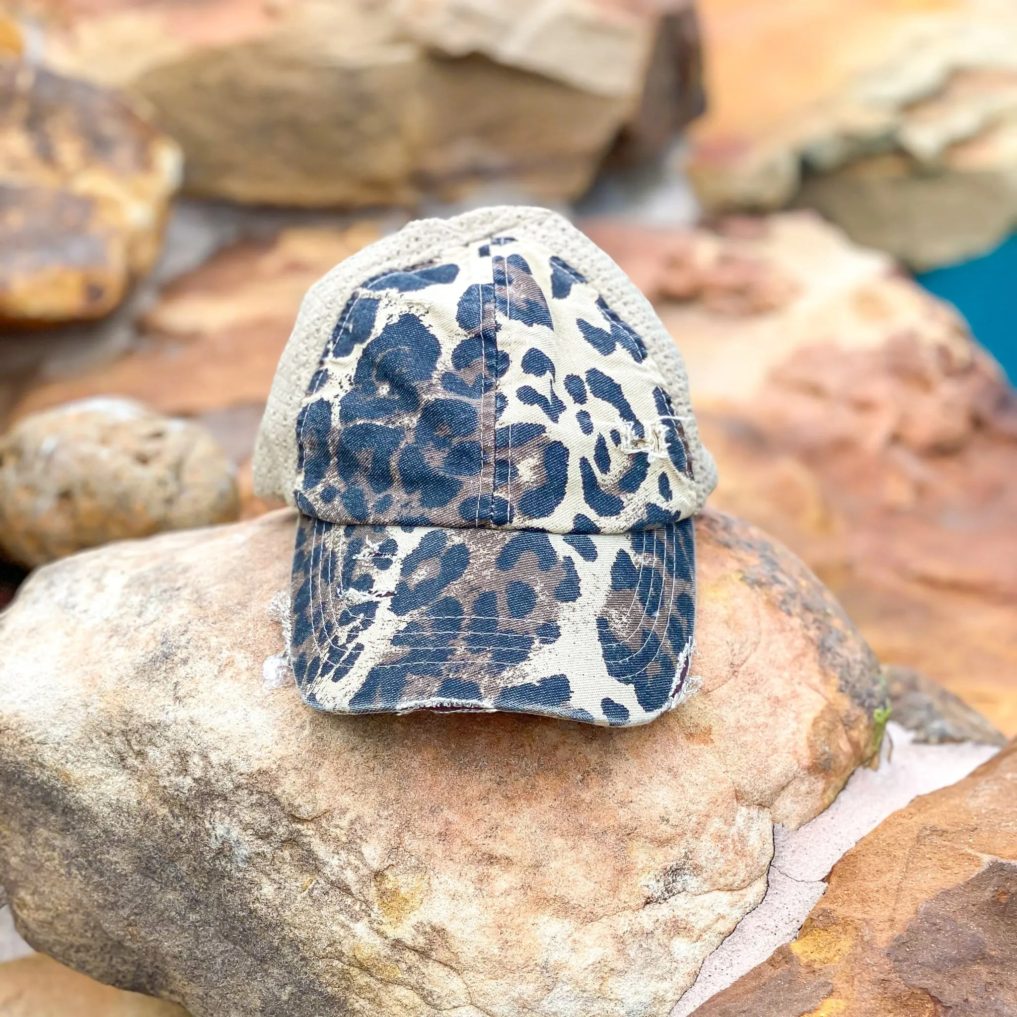 Lena Distressed Leopard Stretch Mesh High Pony Ball Cap