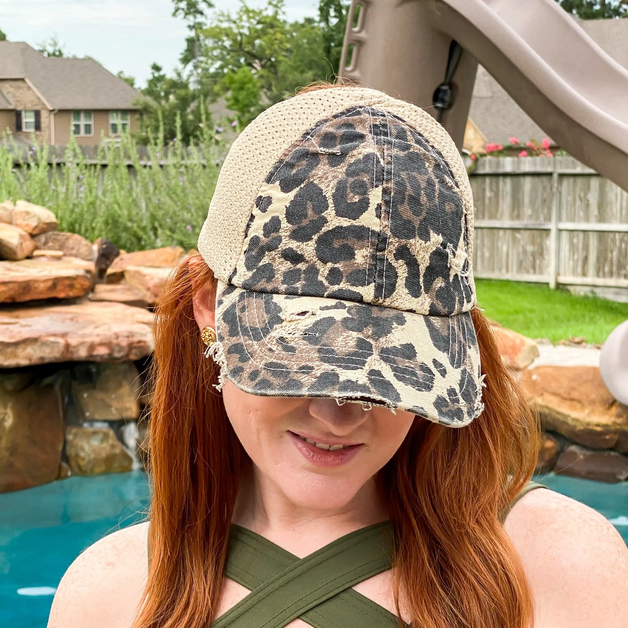 Lena Distressed Leopard Stretch Mesh High Pony Ball Cap