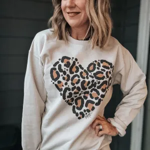 {LOVE HER, BUT LEAVE HER WILD} Leopard Heart Stone Crew Neck Sweatshirt