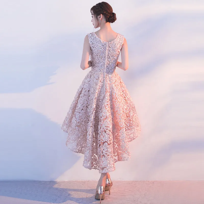 Lovely Pink High Low Lace Party Dress, Lovely Formal Dress
