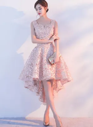 Lovely Pink High Low Lace Party Dress, Lovely Formal Dress