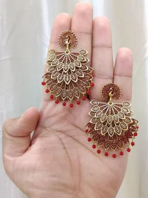 Maroon Pearls Drop Peacock Dangler Earrings