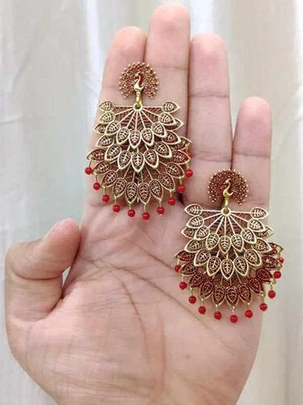 Maroon Pearls Drop Peacock Dangler Earrings