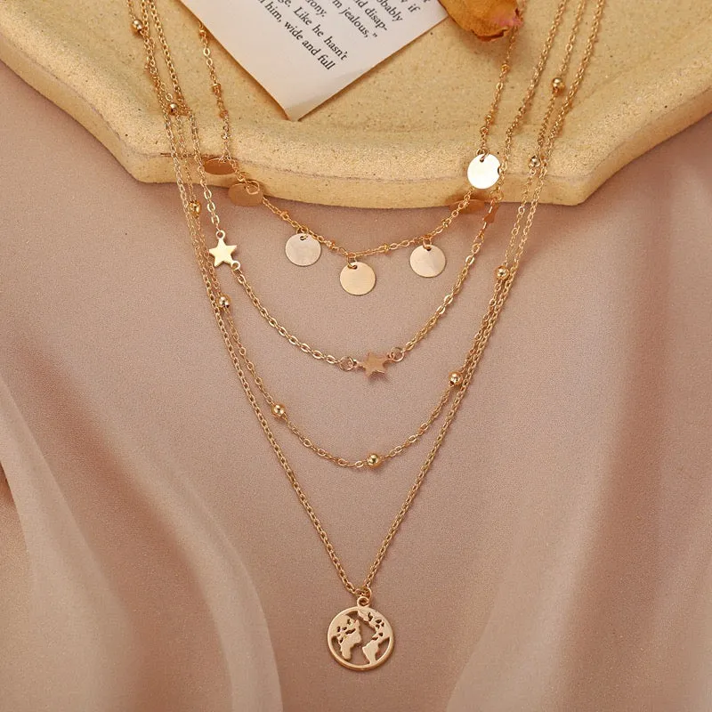 Pack Of 2 Layered Coin Heart Moon and Earth Pendant