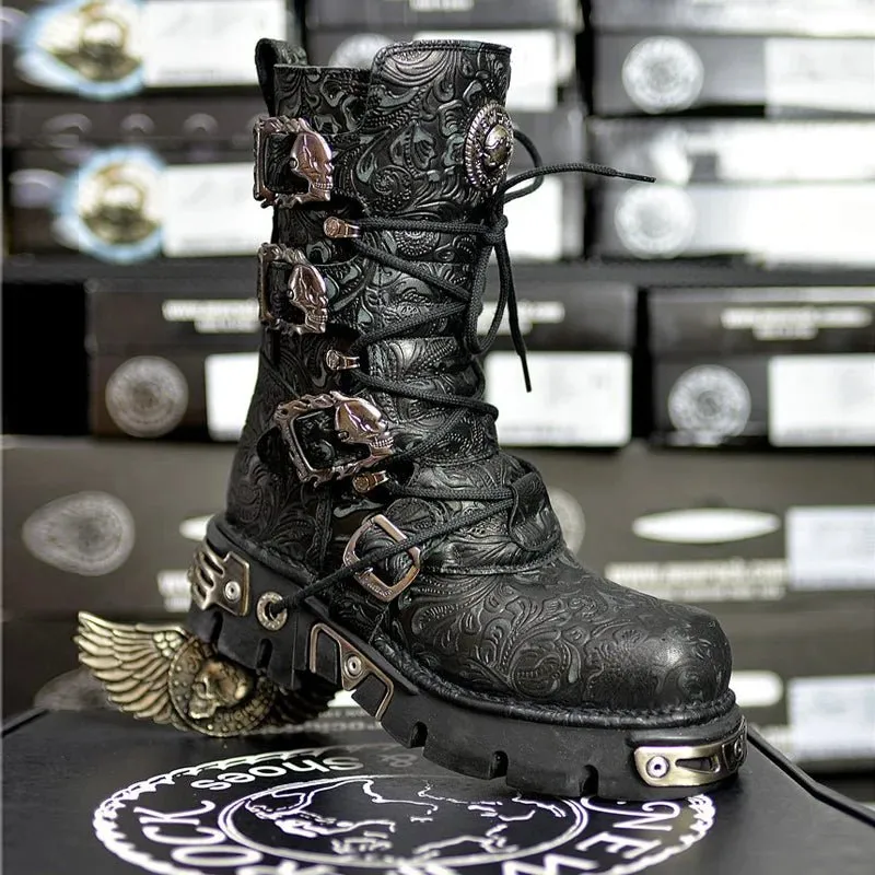Pattern Lace Up Round Toe Platform Mid-Calf Motorcycle Boots