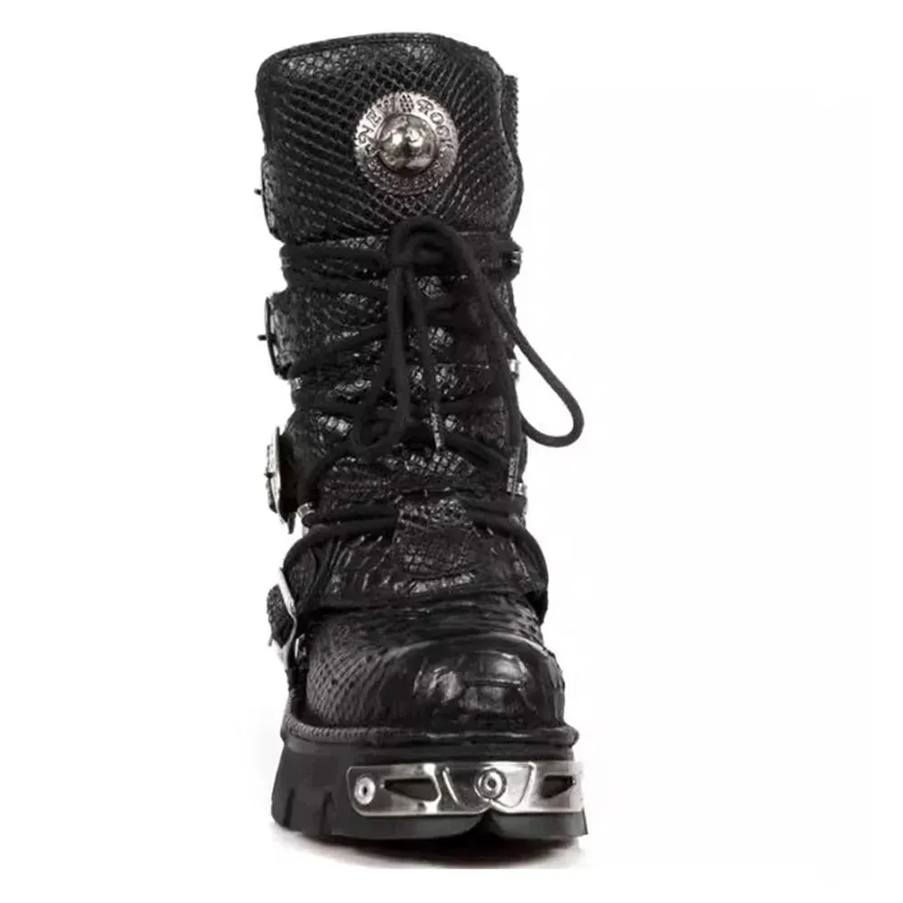 Pattern Lace Up Round Toe Platform Mid-Calf Motorcycle Boots