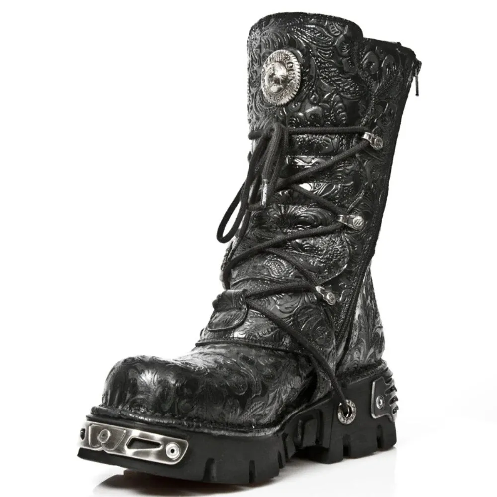 Pattern Lace Up Round Toe Platform Mid-Calf Motorcycle Boots