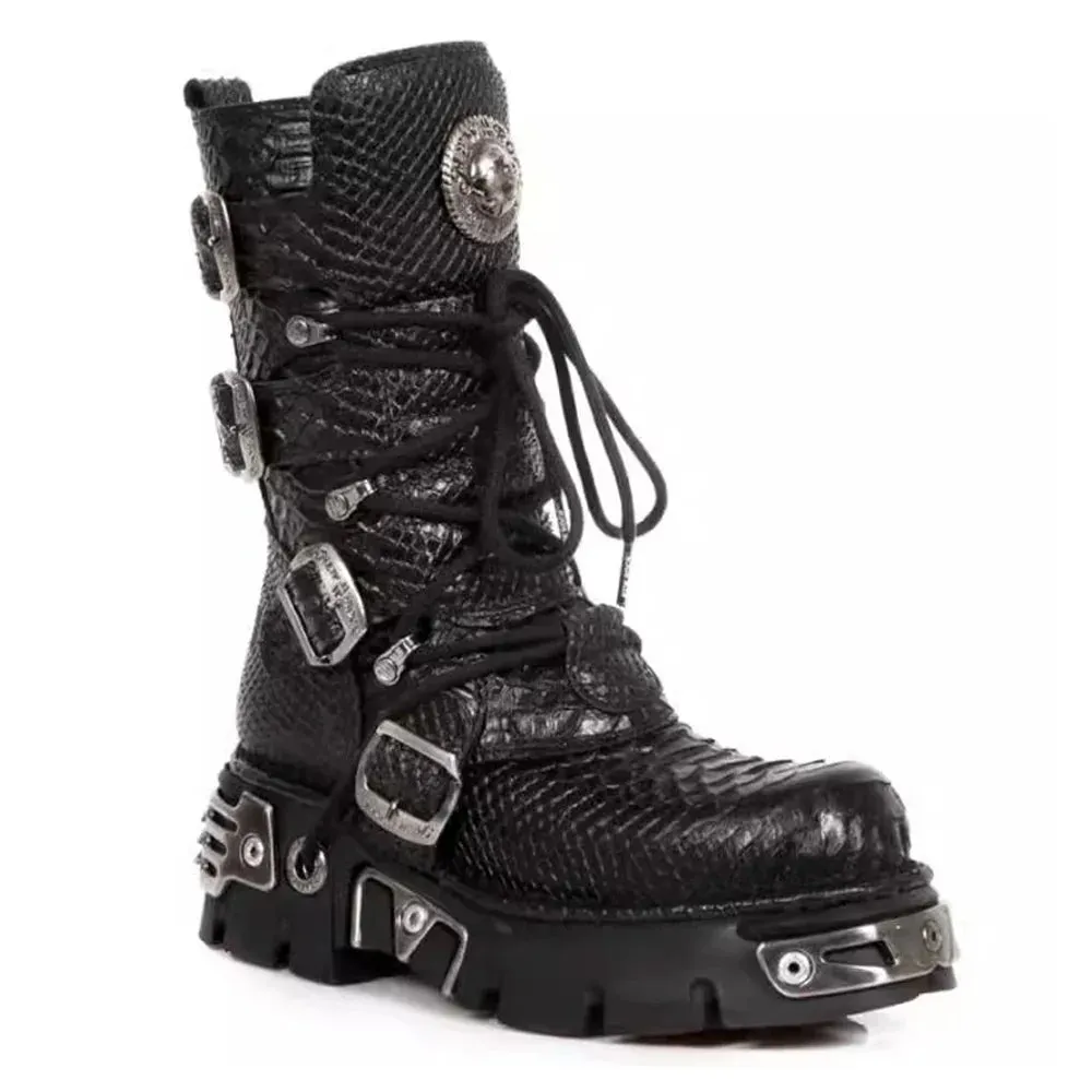 Pattern Lace Up Round Toe Platform Mid-Calf Motorcycle Boots