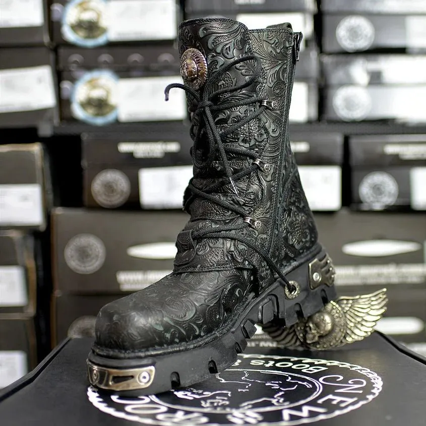 Pattern Lace Up Round Toe Platform Mid-Calf Motorcycle Boots