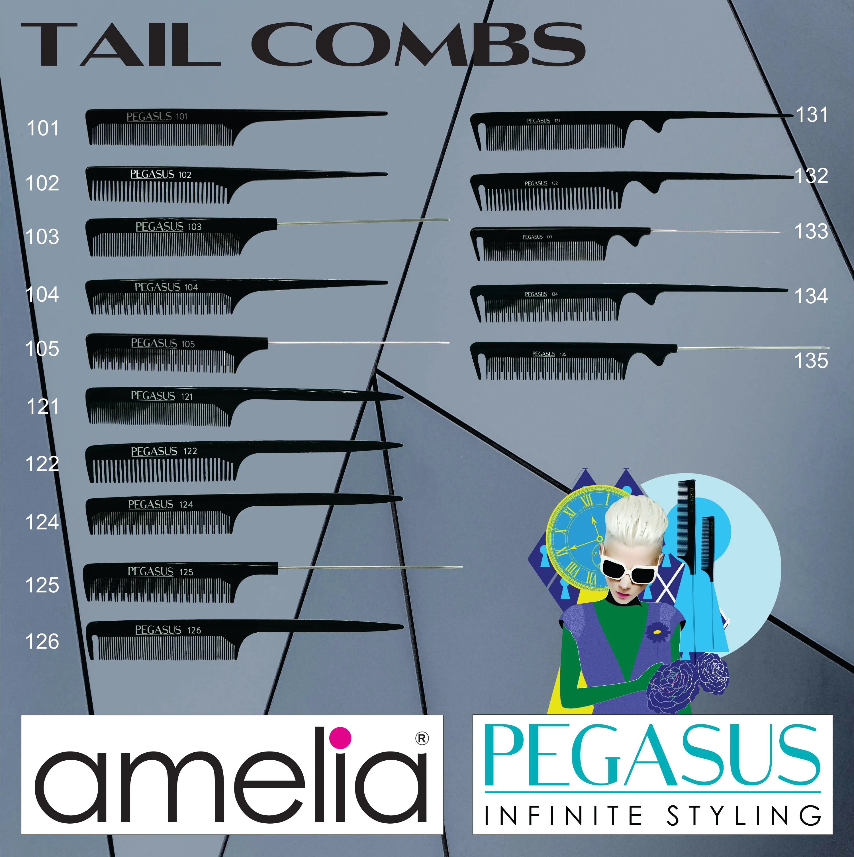 Pegasus 125, 9.75in Hard Rubber Pintail Tease Comb, Smooth Edges, Anti Static, Heat and Chemically Resistant, Stainless Steel Pin, Great for Parting, Coloring Hair | Peines de goma dura - Black