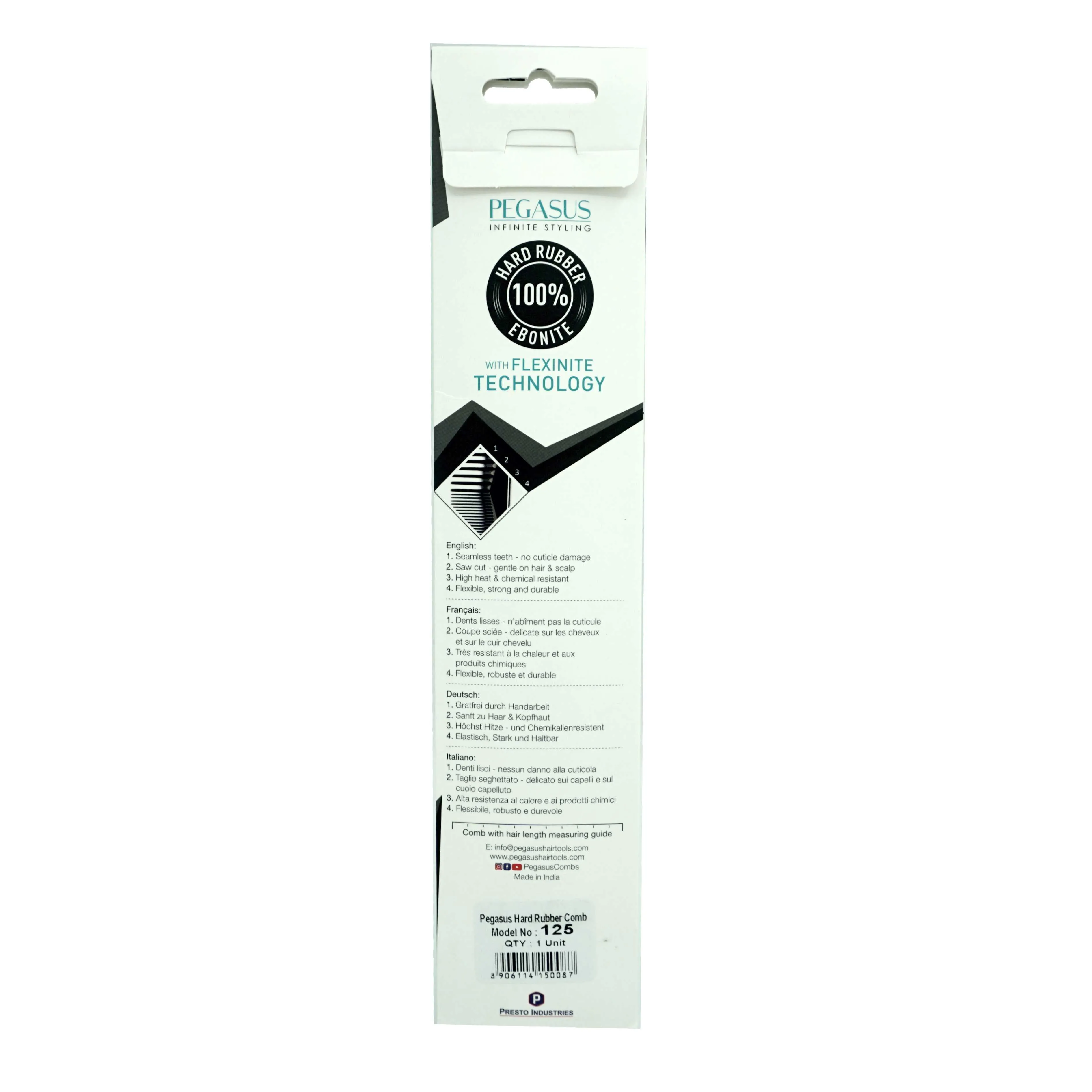 Pegasus 125, 9.75in Hard Rubber Pintail Tease Comb, Smooth Edges, Anti Static, Heat and Chemically Resistant, Stainless Steel Pin, Great for Parting, Coloring Hair | Peines de goma dura - Black