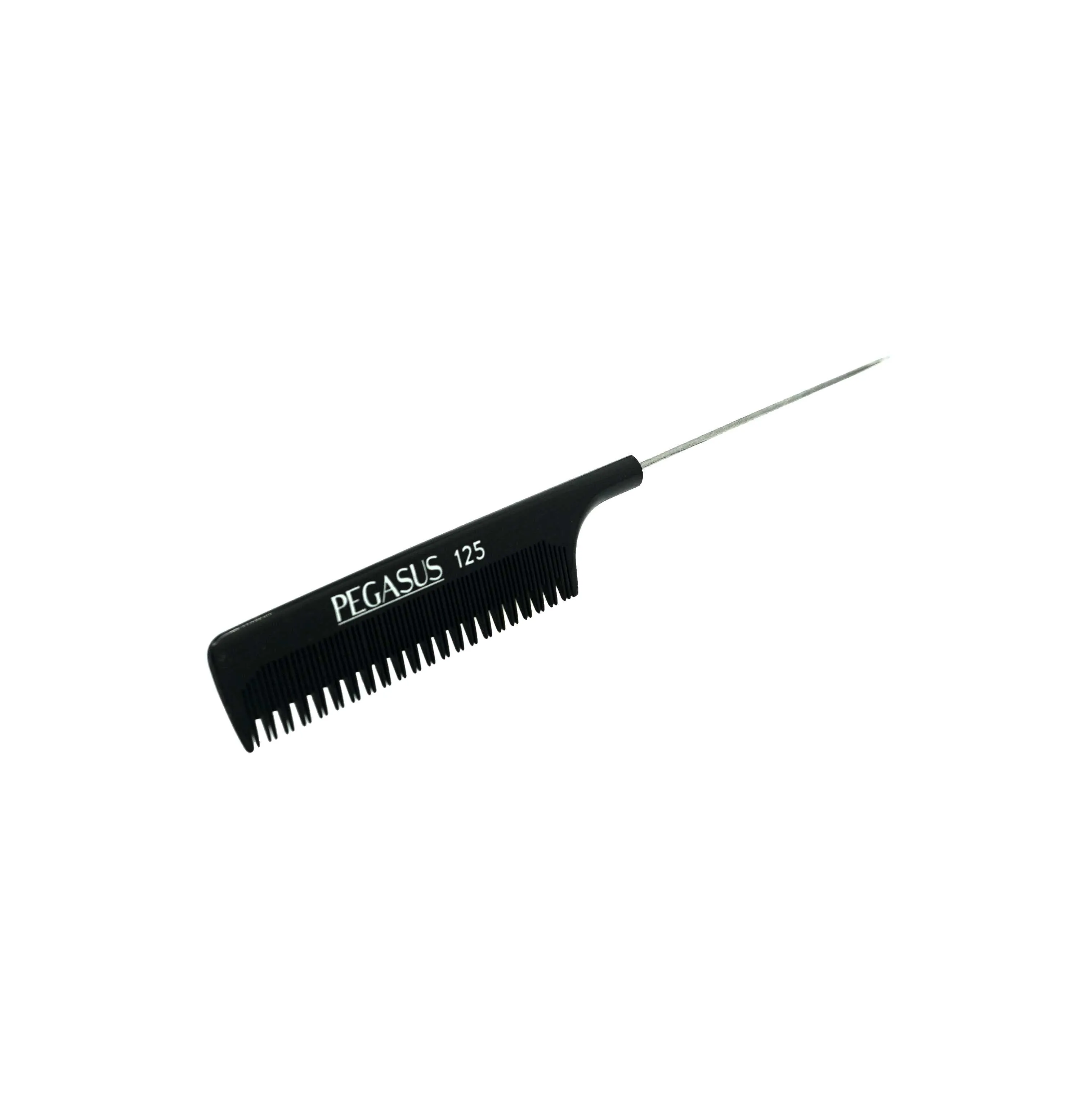 Pegasus 125, 9.75in Hard Rubber Pintail Tease Comb, Smooth Edges, Anti Static, Heat and Chemically Resistant, Stainless Steel Pin, Great for Parting, Coloring Hair | Peines de goma dura - Black