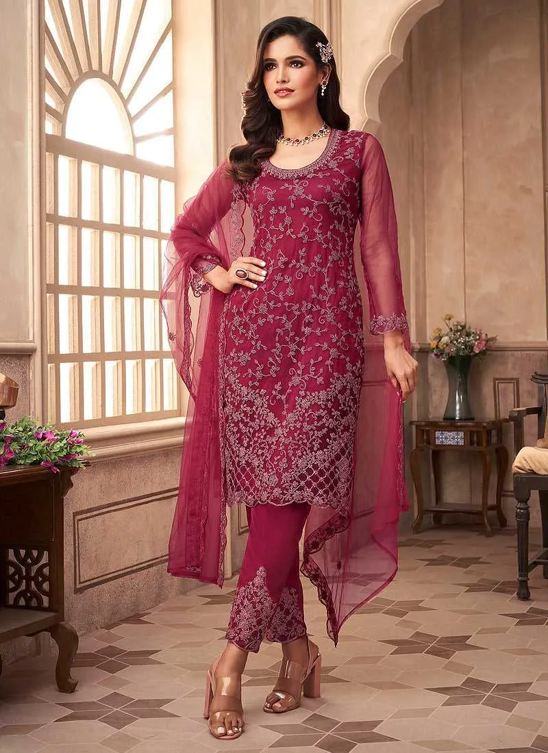 Pink Floral Embroidered Designer Pant Style Suit