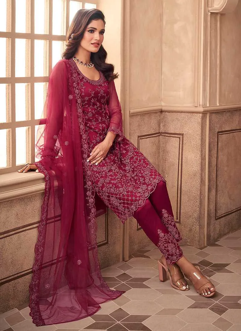 Pink Floral Embroidered Designer Pant Style Suit