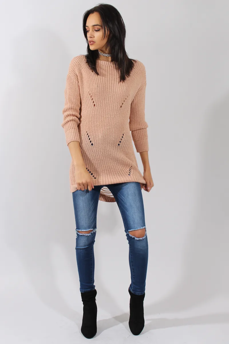 Pink Knitted Distressed Back Jumper Dress - Cara