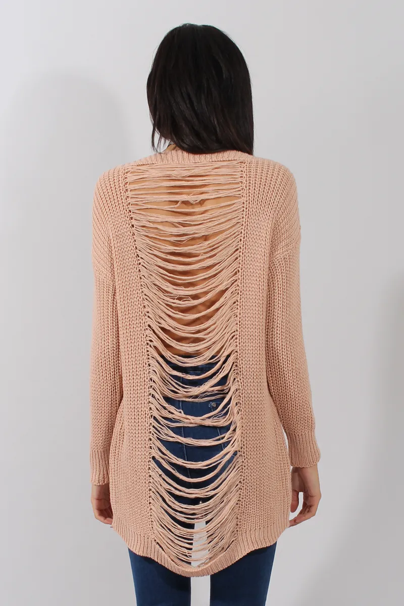 Pink Knitted Distressed Back Jumper Dress - Cara