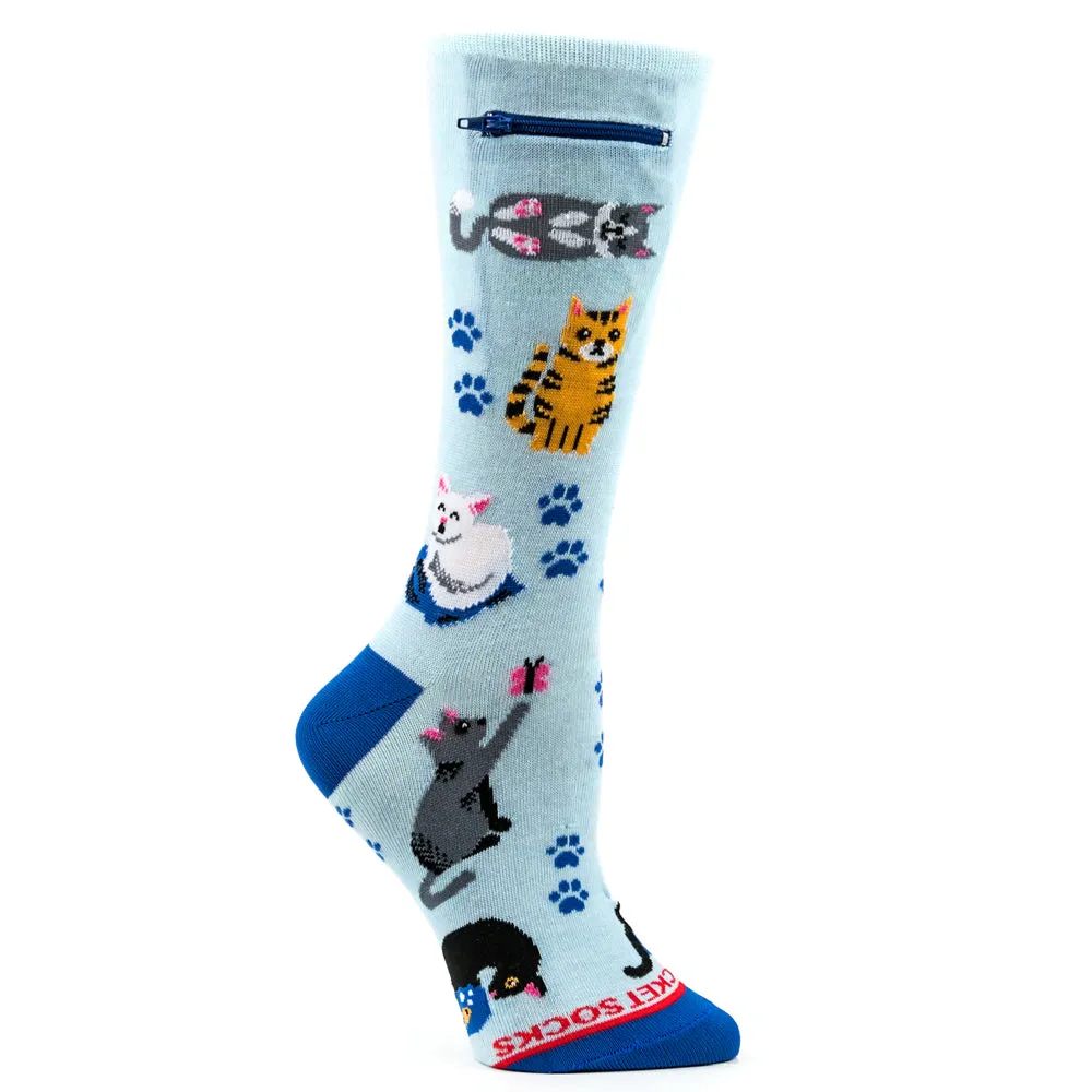 Pocket Socks® Cats on Blue, Womens