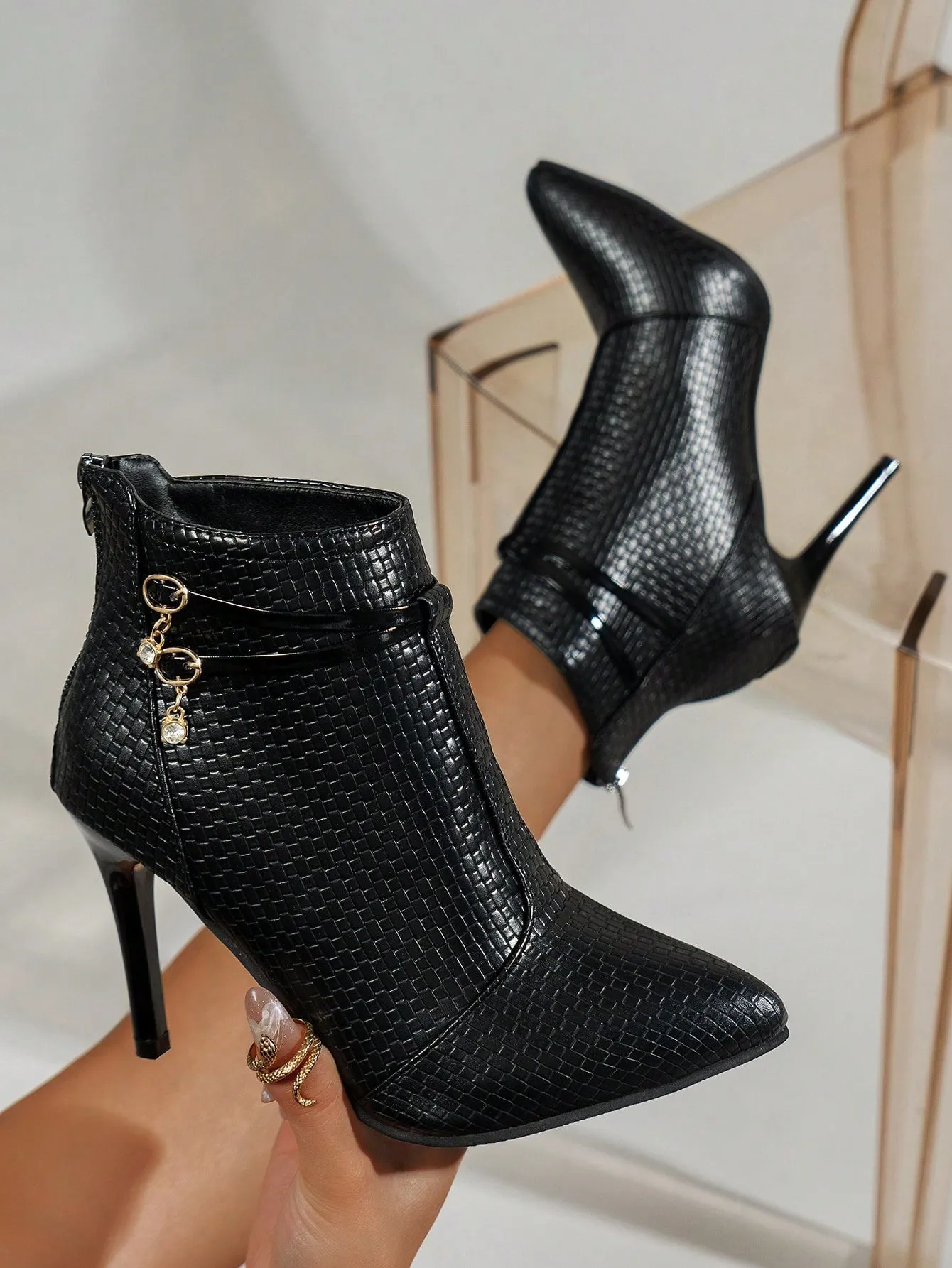 Pointed Toe Buckle Decor High Heeled Boots - Black