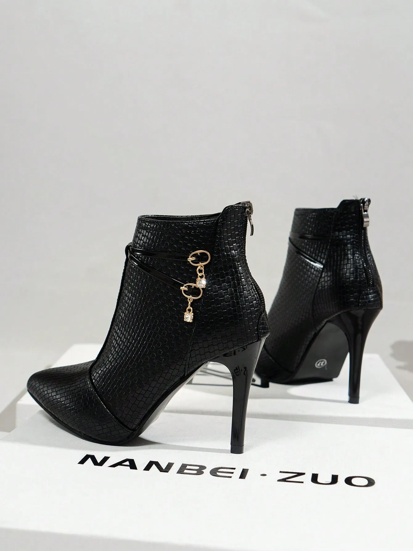 Pointed Toe Buckle Decor High Heeled Boots - Black