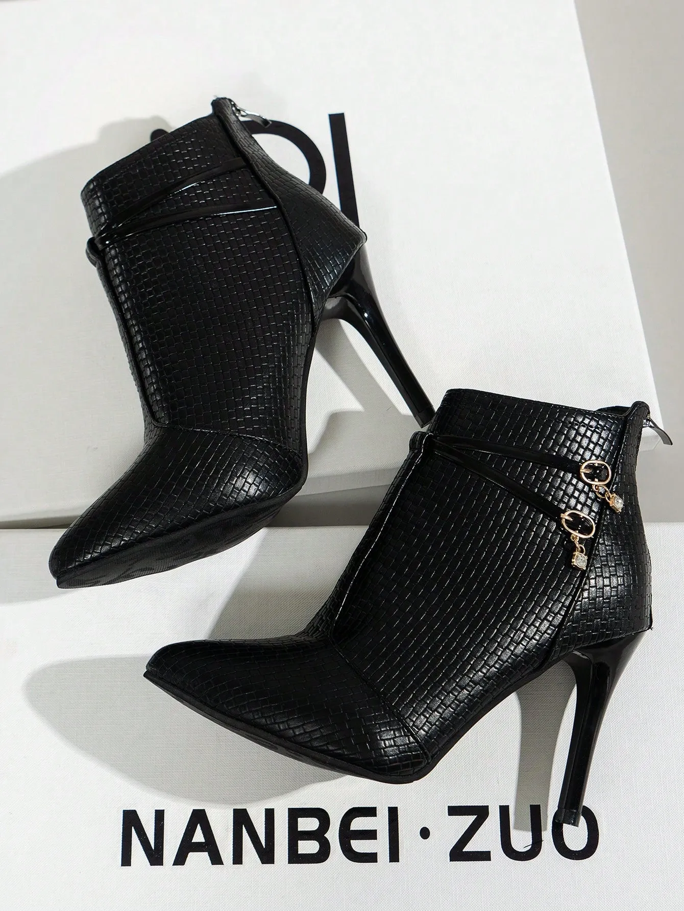 Pointed Toe Buckle Decor High Heeled Boots - Black