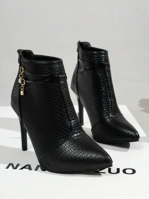 Pointed Toe Buckle Decor High Heeled Boots - Black