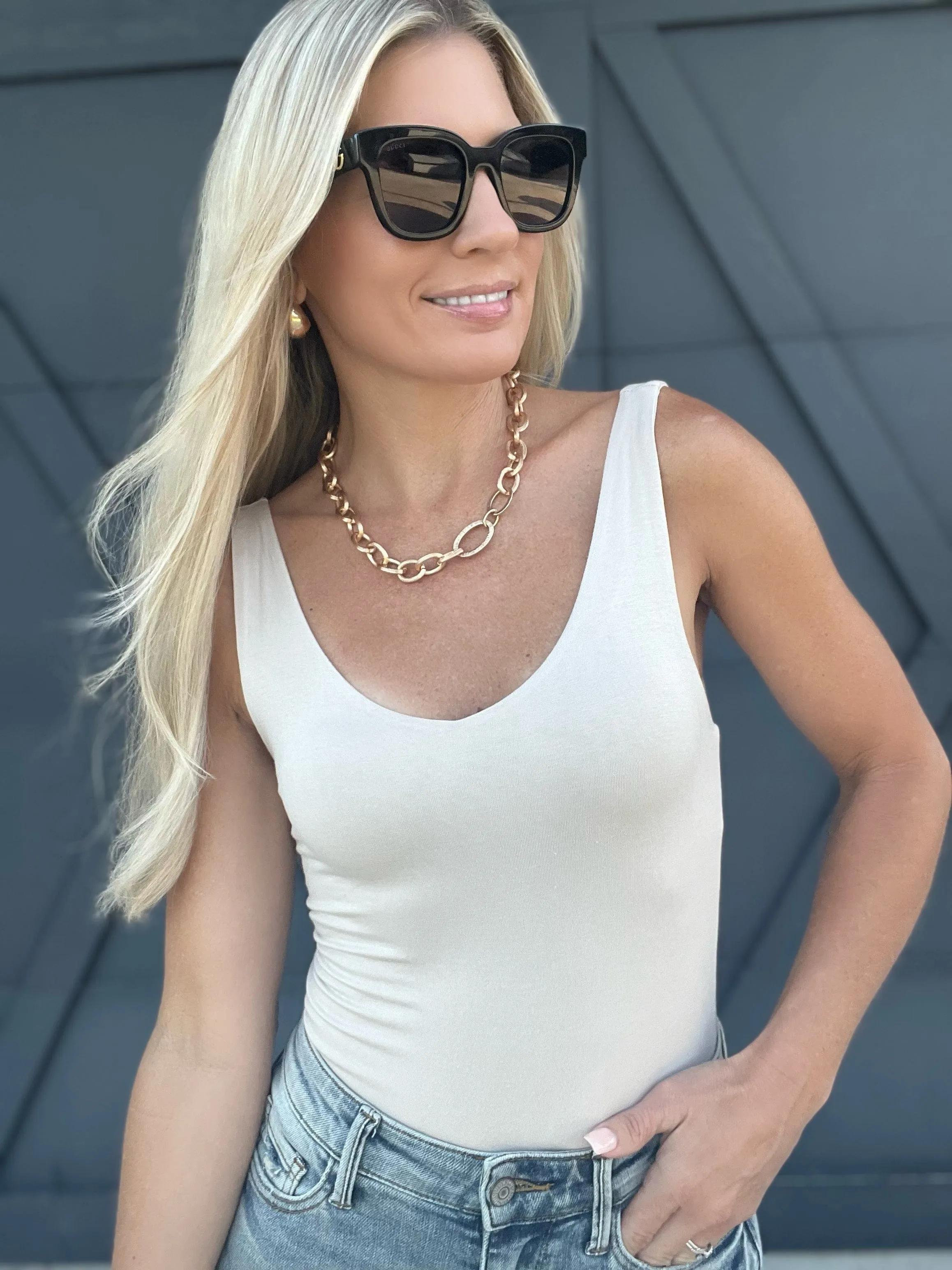Premium Rayon V-Neck Tank In Sand Beige