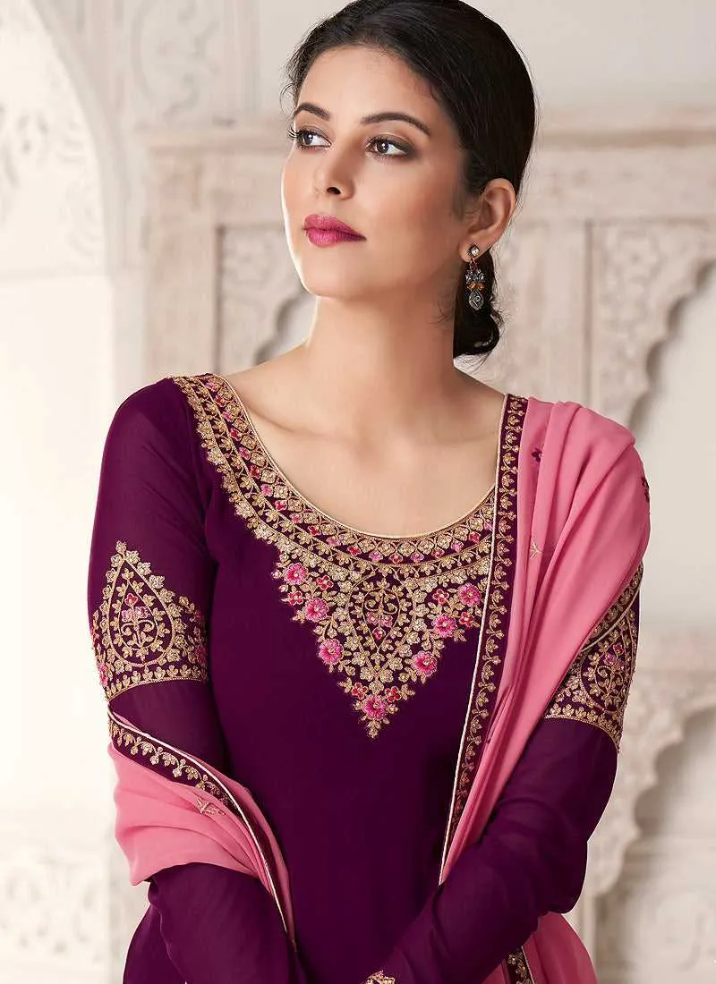 Purple And Pink Embroidered Straight Pant Style Suit