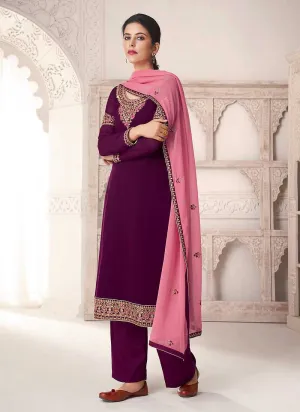 Purple And Pink Embroidered Straight Pant Style Suit
