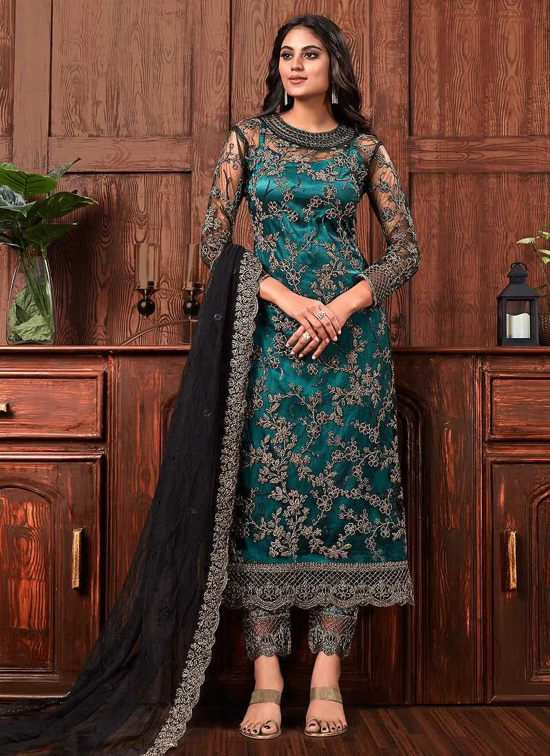 Rama and Black Heavy Embroidered Pant Style Suit