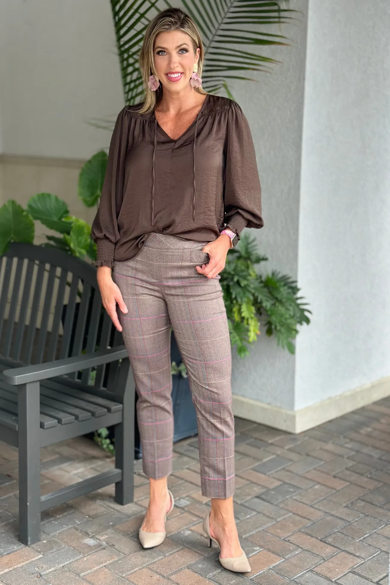 Renuar Chocolate Plaid Pull On Slim Ankle Pant