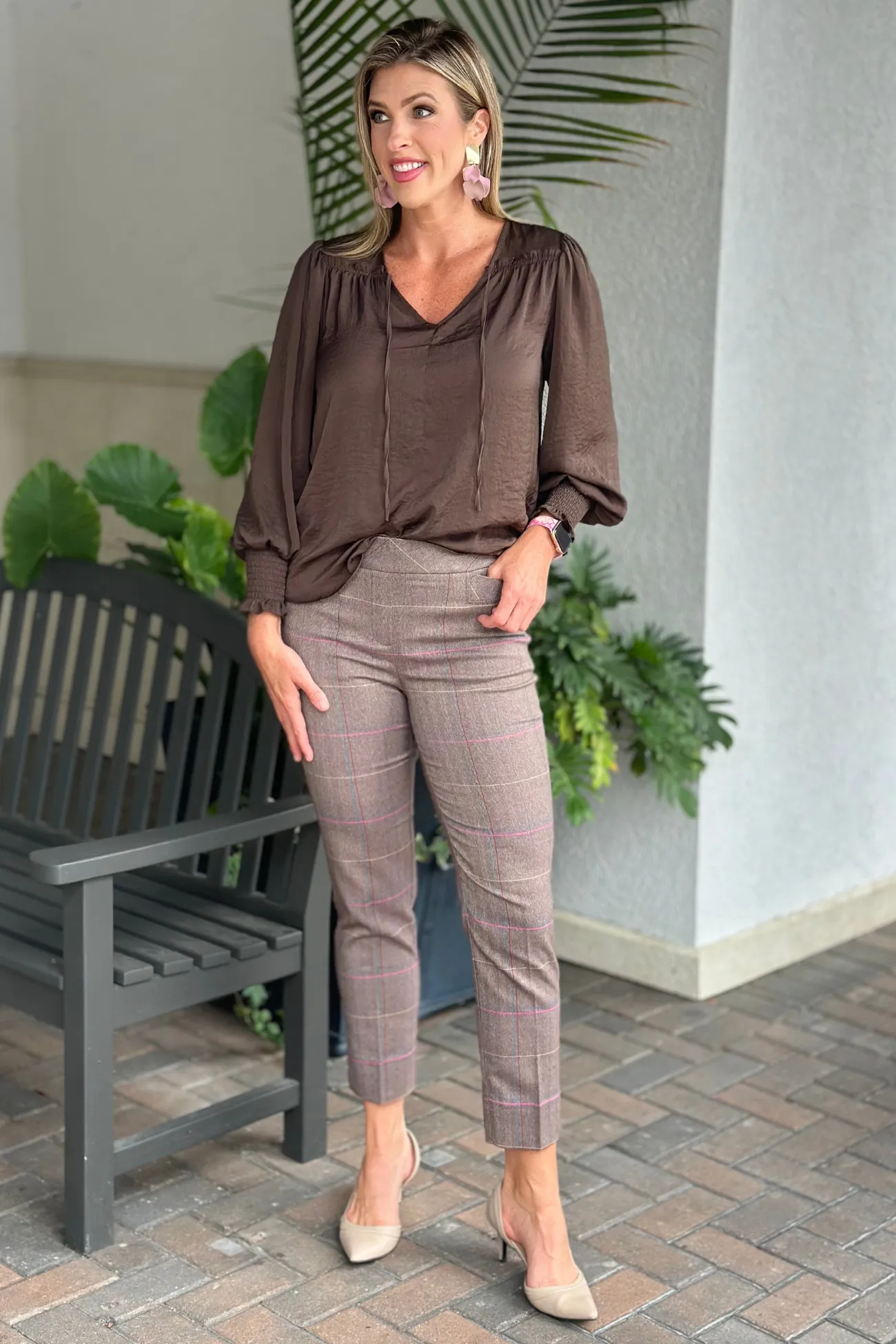 Renuar Chocolate Plaid Pull On Slim Ankle Pant