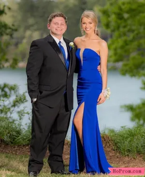 Royal Blue Plunging Neckline Prom Dress High Slit