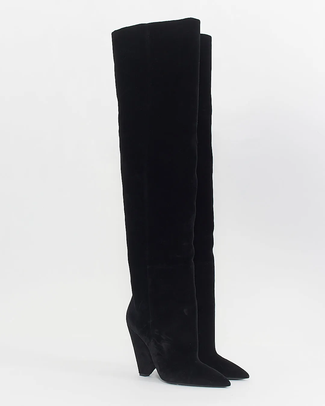 Saint Laurent Black Velvet Tigh-High Niki Boots - 38