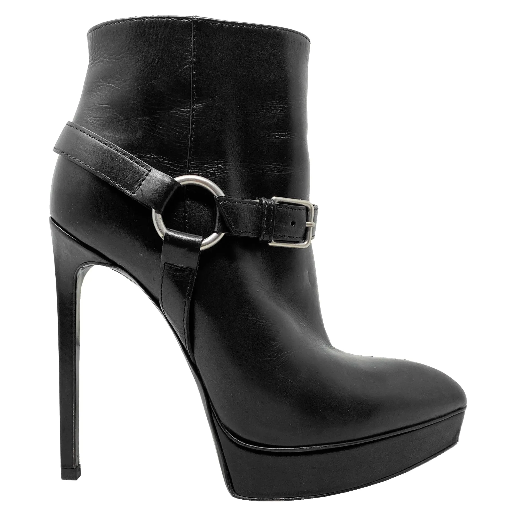 Saint Laurent Janis 120 Black Leather Harness Ankle Boots Size EU 36