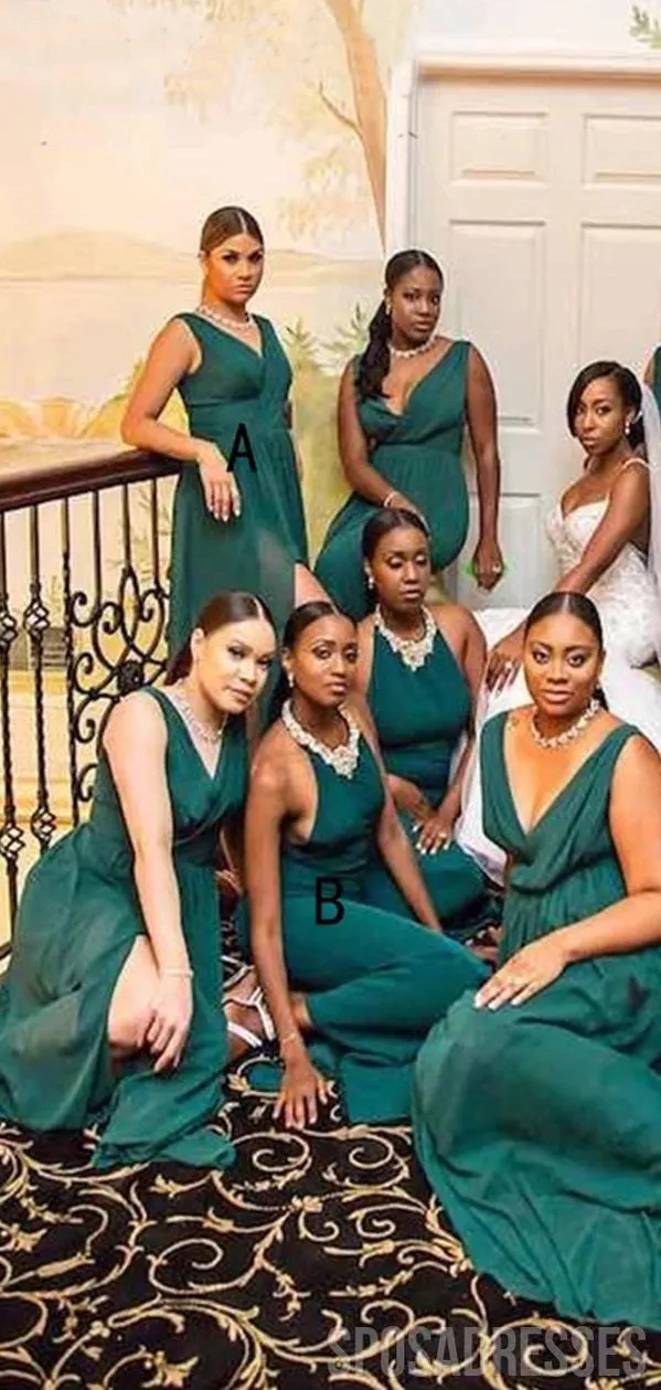 Sexy A-line High Slit V-neck Teal Long Chiffon Bridesmaid Dresses Online,WG974