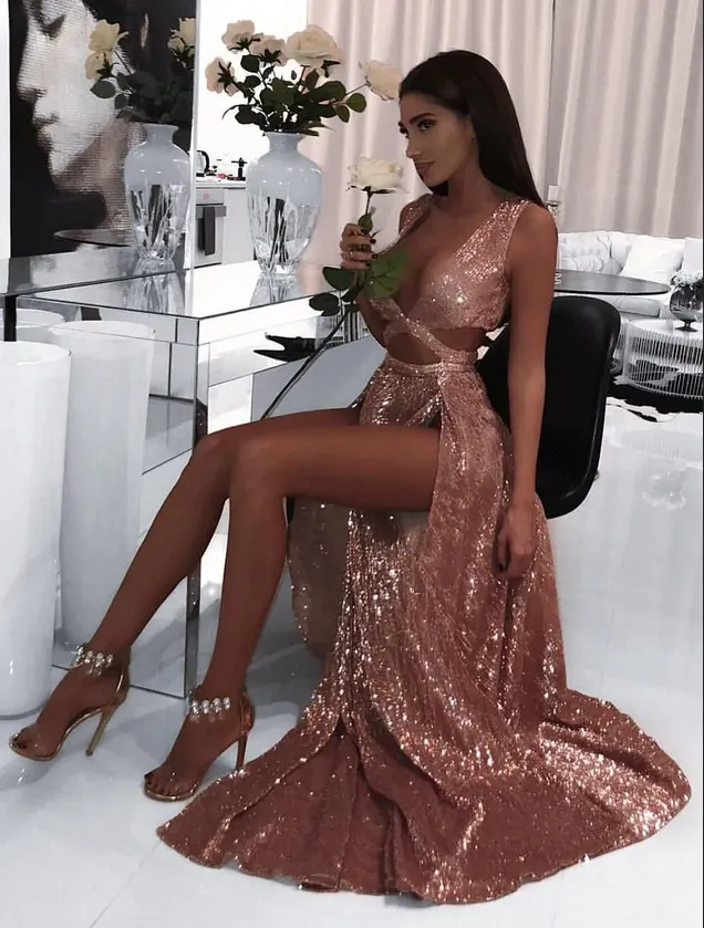 Sexy Sequin Spaghetti Straps Sleeveless A-Line Long Prom Dresses With Split,SFPD0291