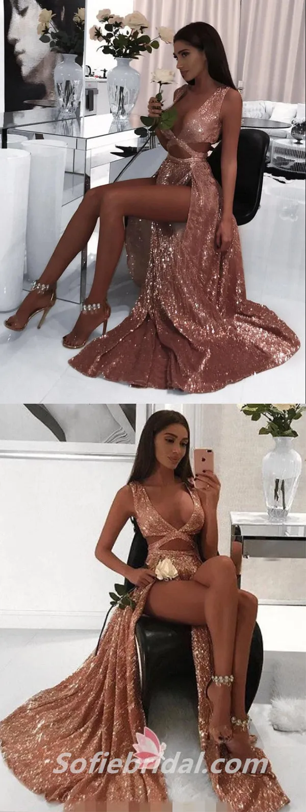 Sexy Sequin Spaghetti Straps Sleeveless A-Line Long Prom Dresses With Split,SFPD0291