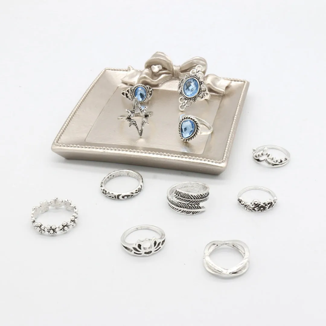 Silver Eleven Piece Star Floral Multi Designs Ring Set
