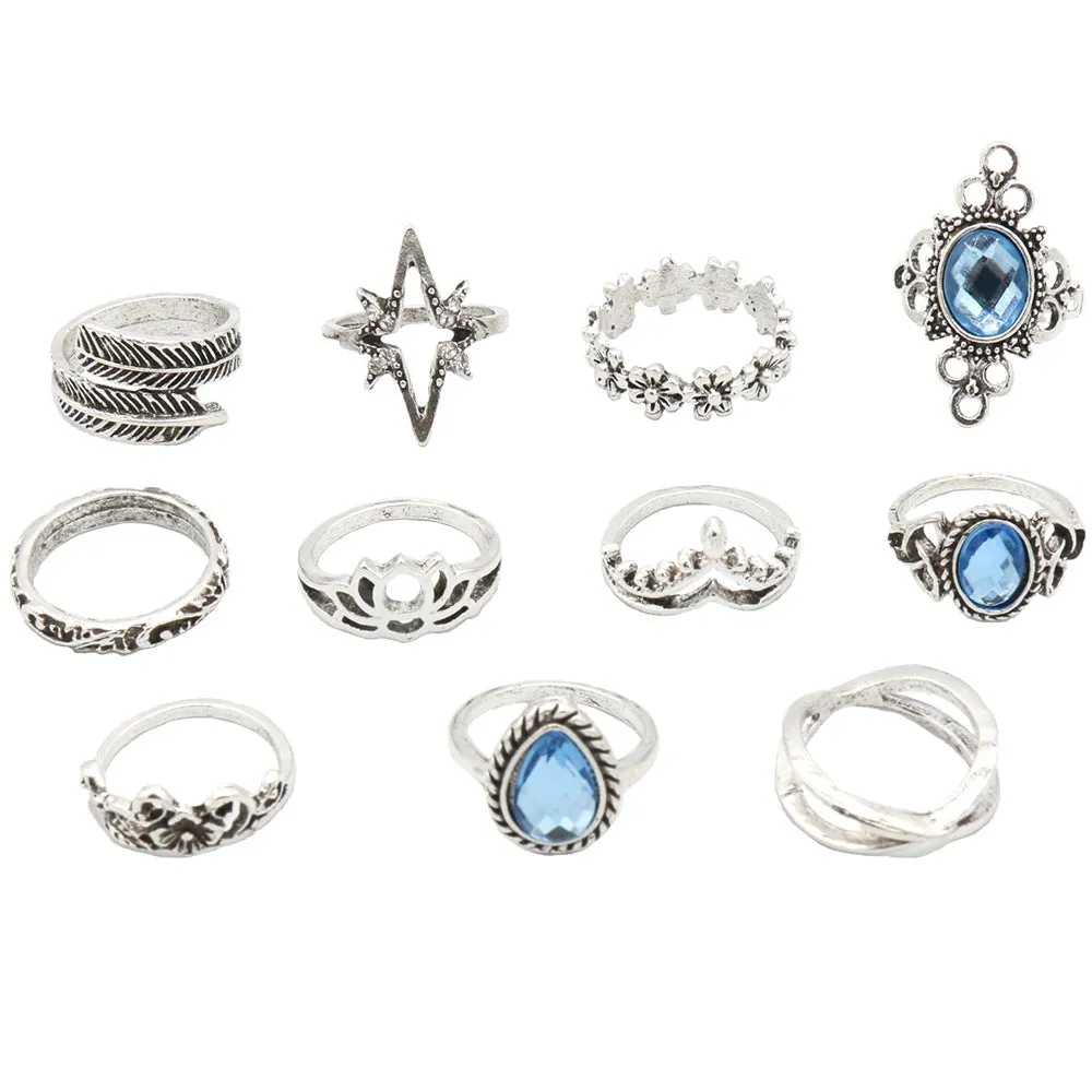 Silver Eleven Piece Star Floral Multi Designs Ring Set