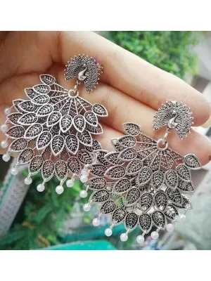 Silver Pearl Drop Peacock Shaped Dangler Earrings