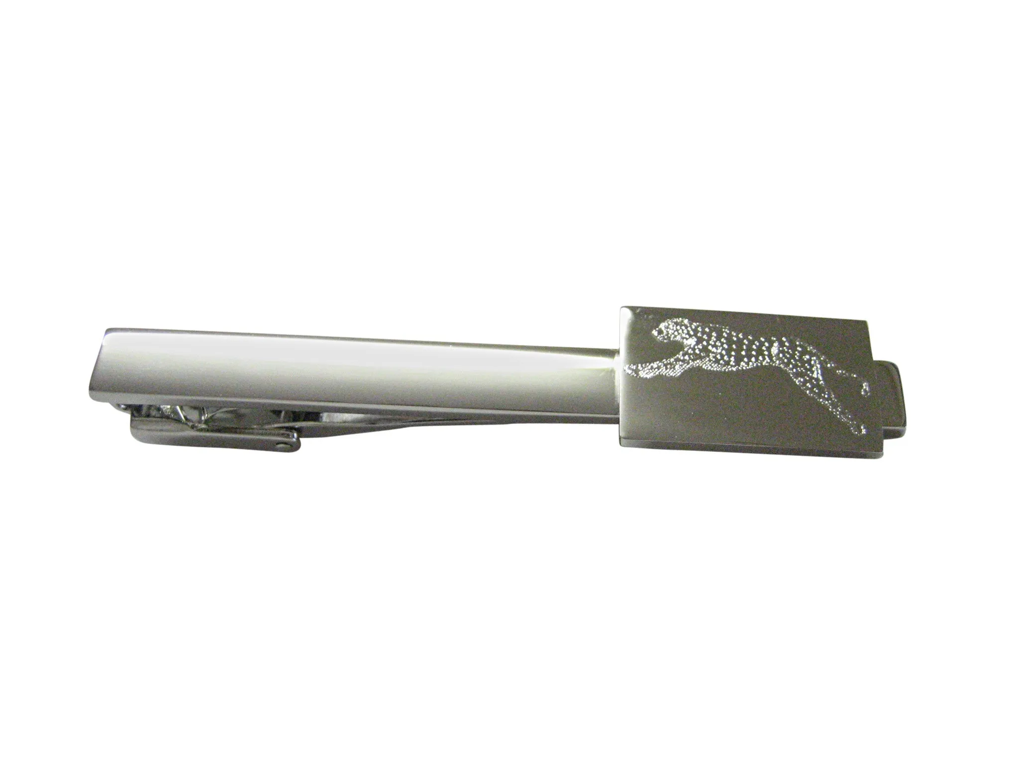 Silver Toned Etched Running Cheetah Square Tie Clip