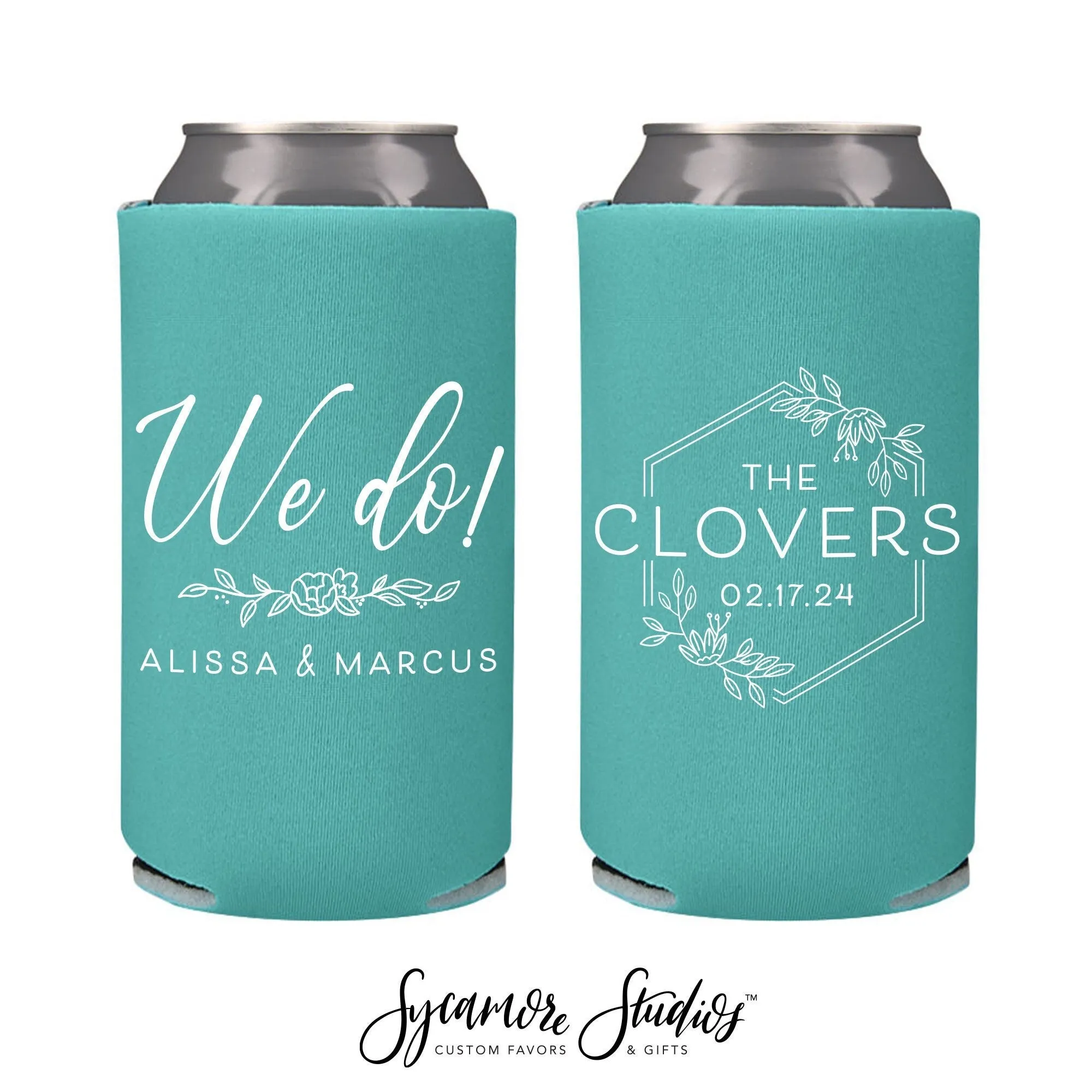 Slim 12oz Wedding Can Cooler #208S - We Do Wreath