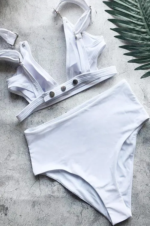 Solid Hollow High Waist Bikini Set