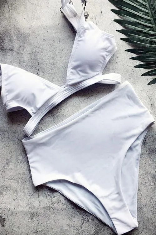 Solid Hollow High Waist Bikini Set