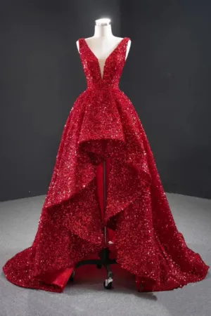 Sparkly Red Sequin High Low Prom Dresses Vintage Ball Gown APP0842