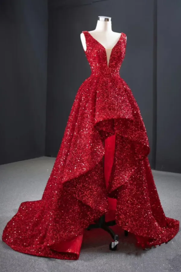 Sparkly Red Sequin High Low Prom Dresses Vintage Ball Gown APP0842
