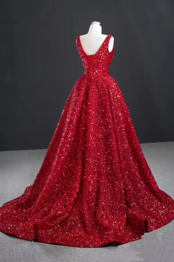 Sparkly Red Sequin High Low Prom Dresses Vintage Ball Gown APP0842
