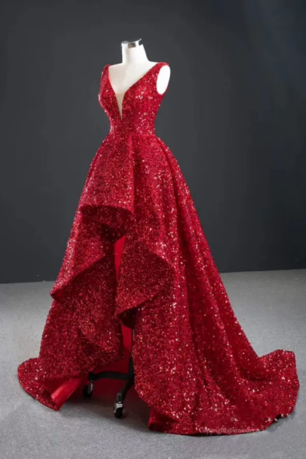 Sparkly Red Sequin High Low Prom Dresses Vintage Ball Gown APP0842