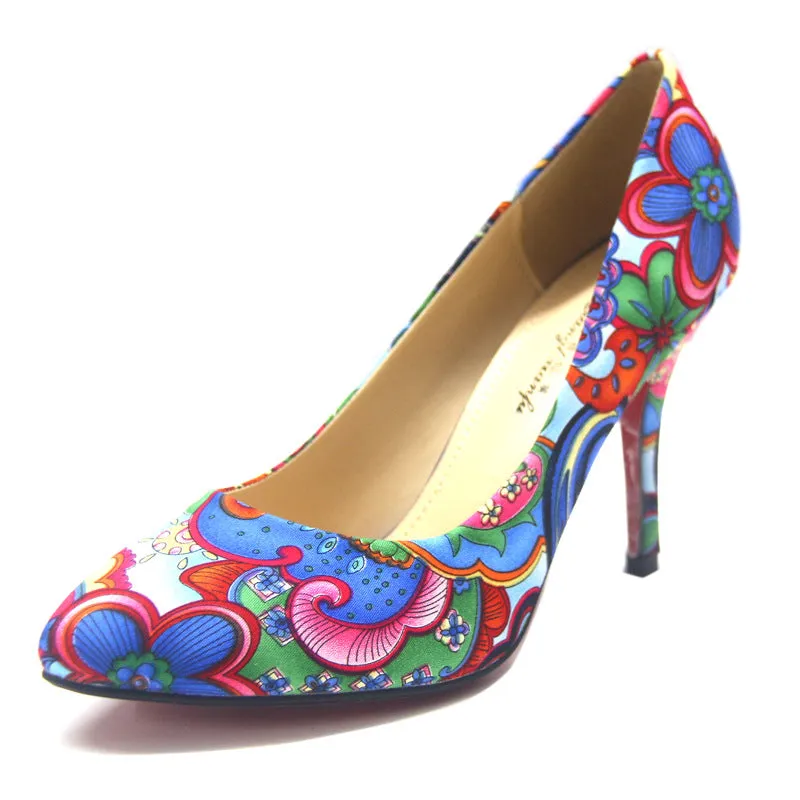 Spring Shallow High Heel Women's Shoes National Wind Retro Pointed Flowers Small Single Shoes