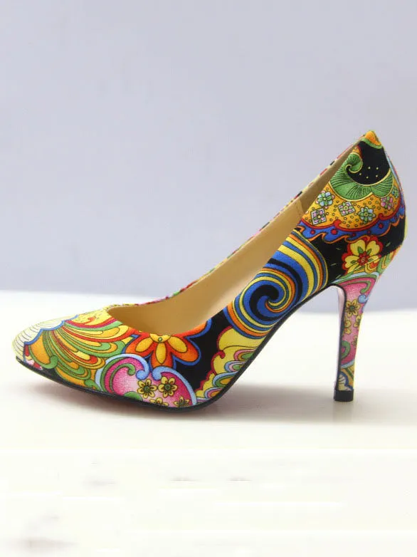 Spring Shallow High Heel Women's Shoes National Wind Retro Pointed Flowers Small Single Shoes